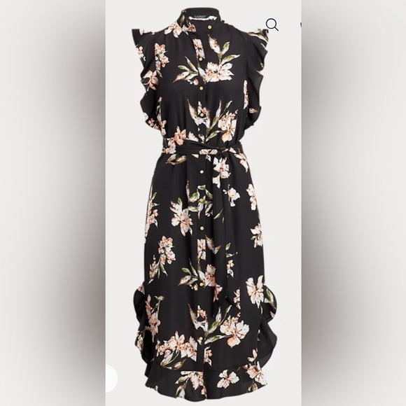 EUC Ralph Lauren Black & Orange Floral Dress Ruffled-Hem Crepe Dress Sz 10 *Q18 - Picture 2 of 7